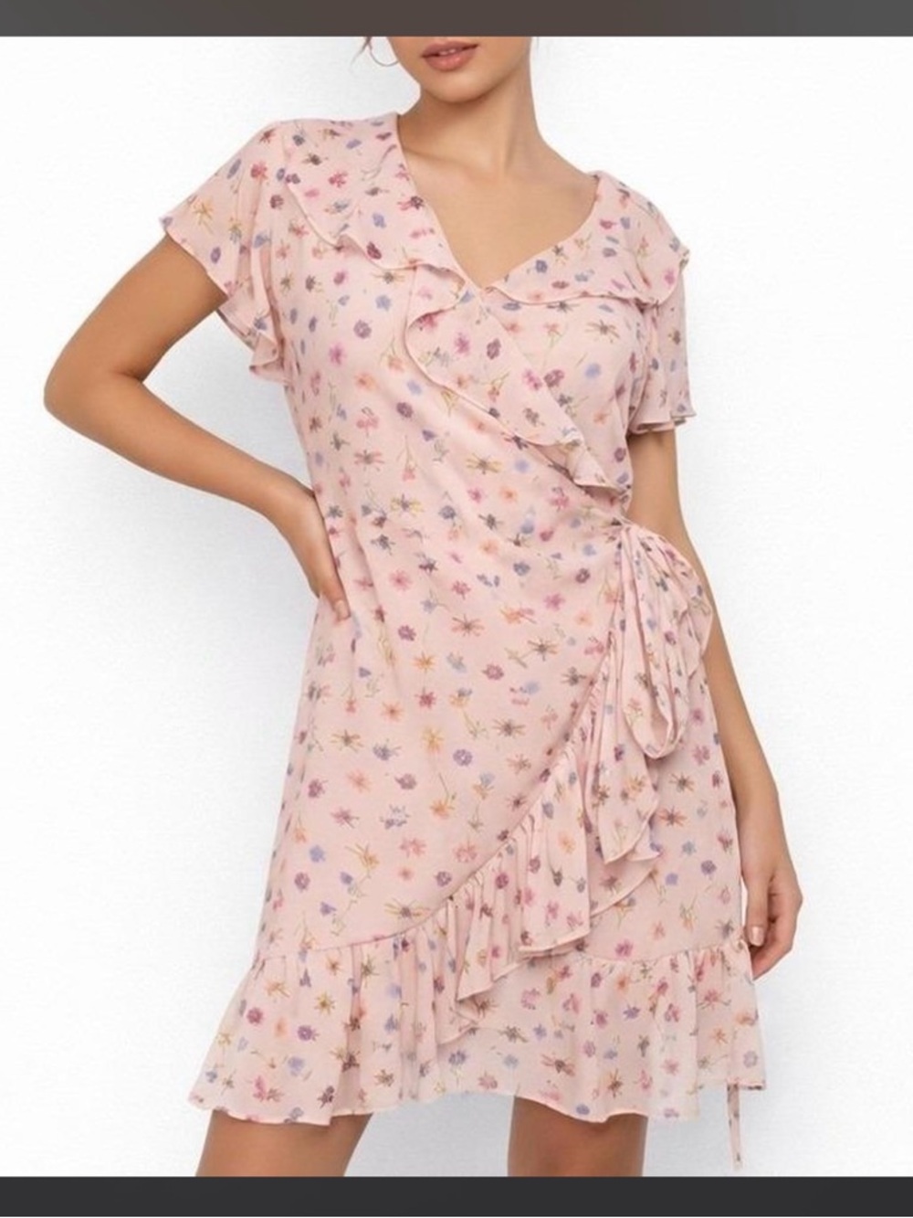 Betsey Johnson Nude Pink Floral Ruffle Wrap Dress